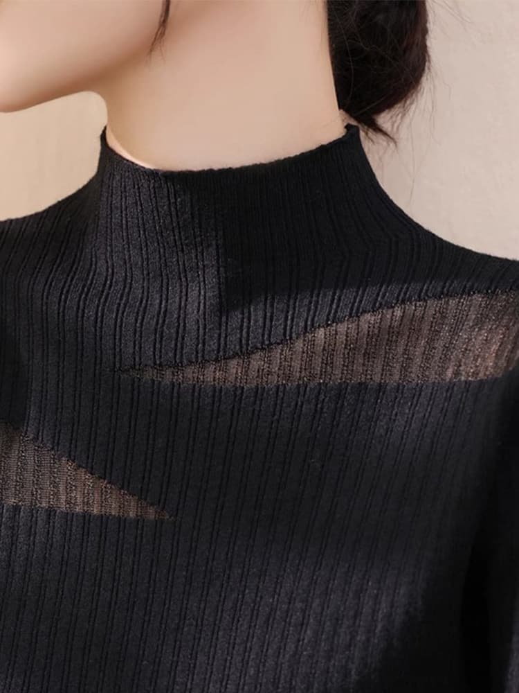 검정색 홀로우 아웃 반하이넥 니트 반팔 여성 봄 가을 얇은 스타일 몸매 가꾸기 인사이드 가져 가라. 기본 셔츠 고급 센스 반소매 맨위 상세 이미지 3