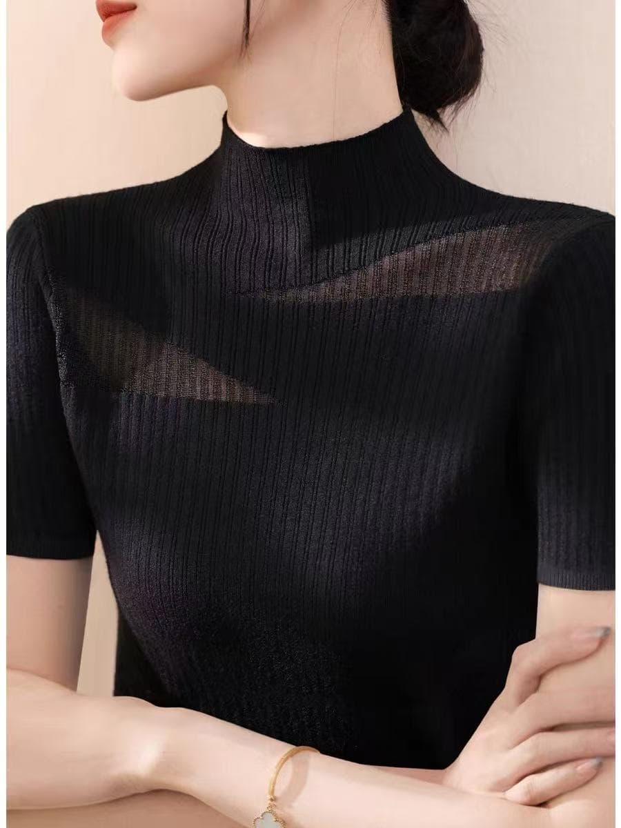 검정색 홀로우 아웃 반하이넥 니트 반팔 여성 봄 가을 얇은 스타일 몸매 가꾸기 인사이드 가져 가라. 기본 셔츠 고급 센스 반소매 맨위 이미지 2