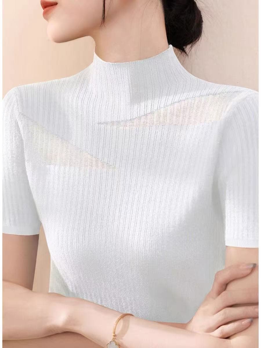 검정색 홀로우 아웃 반하이넥 니트 반팔 여성 봄 가을 얇은 스타일 몸매 가꾸기 인사이드 가져 가라. 기본 셔츠 고급 센스 반소매 맨위 이미지 4