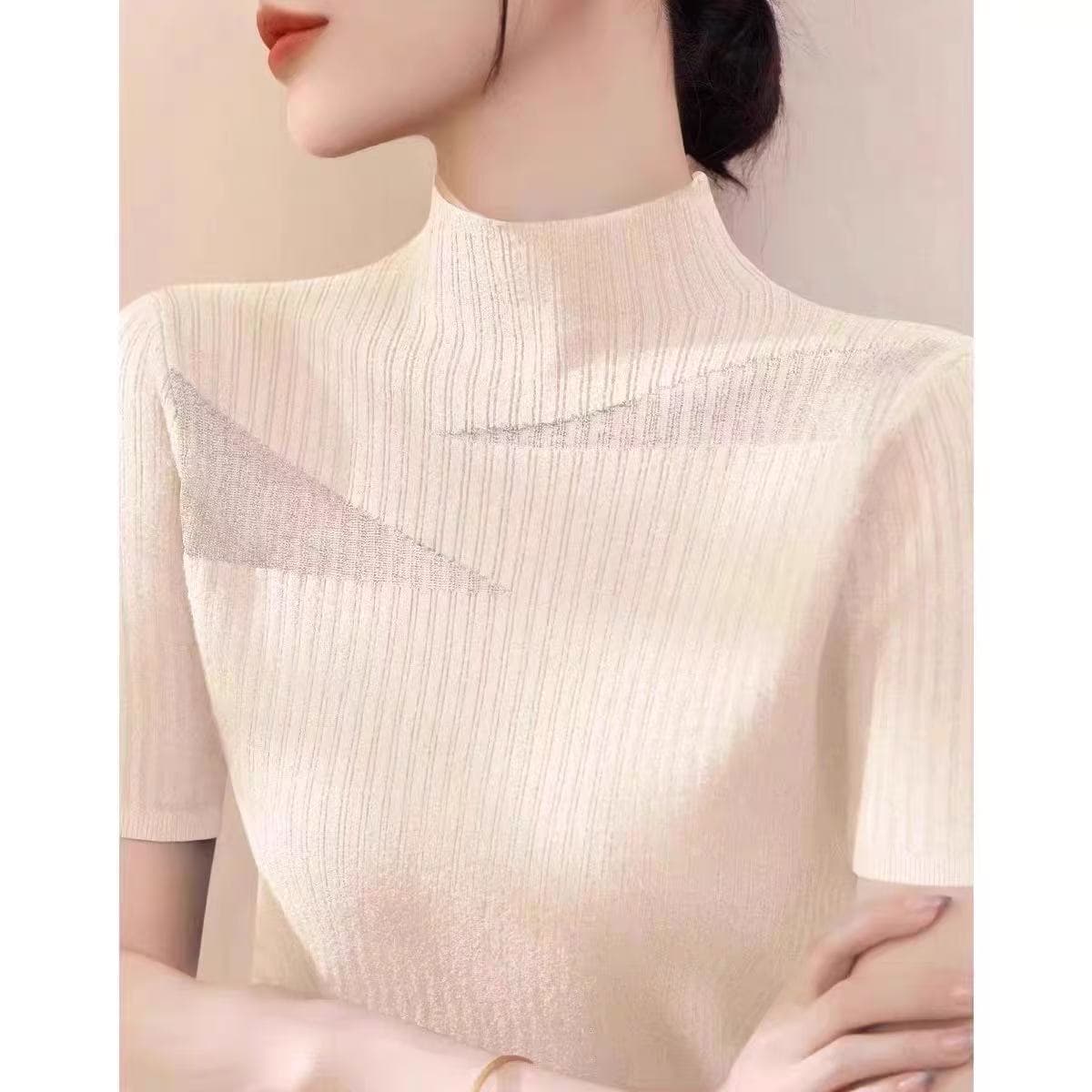 검정색 홀로우 아웃 반하이넥 니트 반팔 여성 봄 가을 얇은 스타일 몸매 가꾸기 인사이드 가져 가라. 기본 셔츠 고급 센스 반소매 맨위 이미지 3