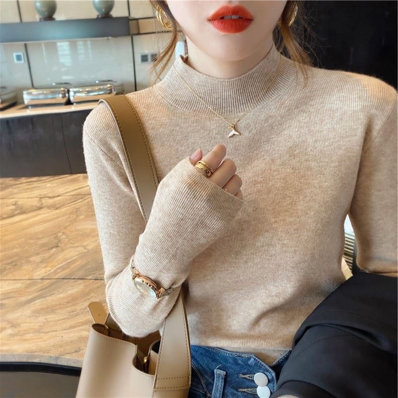 반하이넥 어두운 회색 니트 기본 셔츠 여성 가을 겨울 몸매 가꾸기 슬림해 보이는 품격 긍정적 인 어깨 스웨터 인사이드 가져 가라. 한 첨부 된 의류 상세 이미지 3