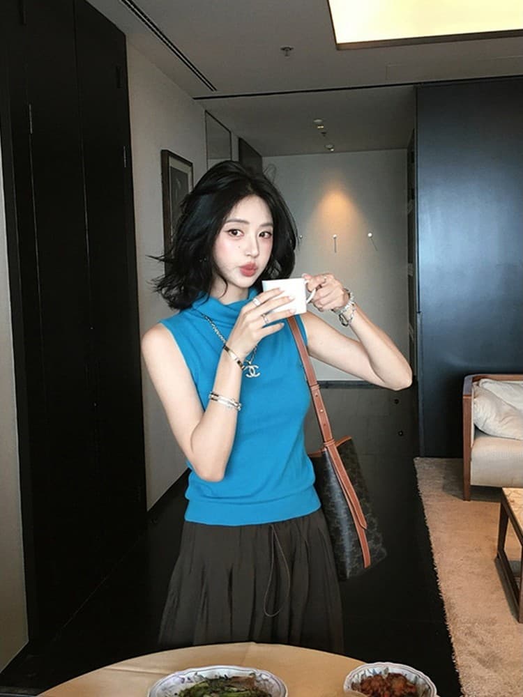 프랑스식 고급 센스 말뚝 더미 칼라 민소매 니트 조끼 여성 여름 외출용 레트로 미니멀리즘 슬림해 보이는 어깨 맨위 얇은 상세 이미지 2