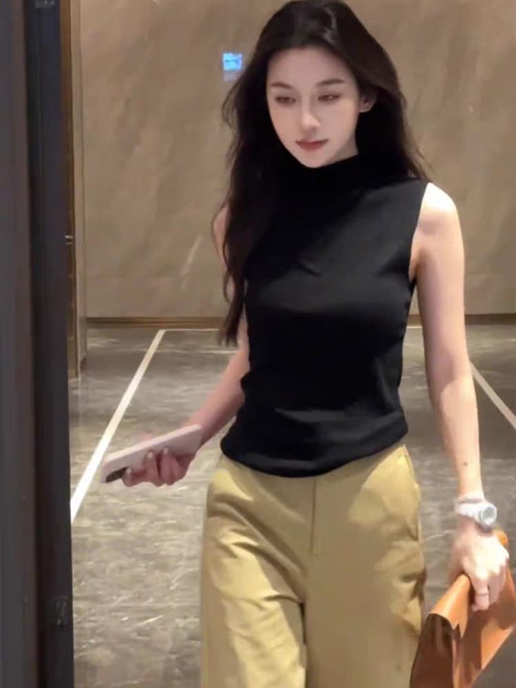 프랑스식 섹시함 검정색 얇은 스타일 니트 조끼 여성 여름 몸매 가꾸기 슬림해 보이는 주간 실크 라이 경기 서울 민소매 인사이드 잡아라. 의류 상세 이미지 2