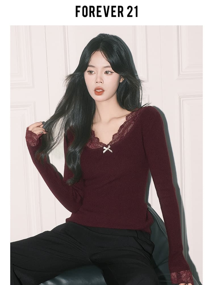 순수한 욕망 살구 색상 레이스 조각 V넥 맨위 여성 가을 겨울 프랑스식 만나는 긴팔 몸매 가꾸기 니트 스웨터 상세 이미지 5