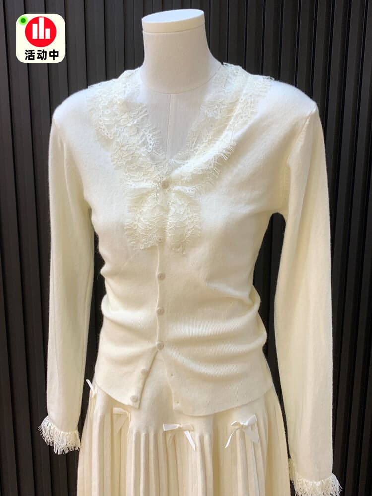 프랑스식 miu 부서 화이트 레이스 V넥 인사이드 가져 가라. 니트 기본 셔츠 여성 의류 맨위 가을 겨울 작은 샤넬 스타일 양모 스웨터 상세 이미지 4
