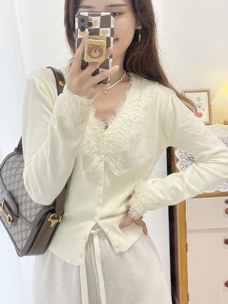 프랑스식 miu 부서 화이트 레이스 V넥 인사이드 가져 가라. 니트 기본 셔츠 여성 의류 맨위 가을 겨울 작은 샤넬 스타일 양모 스웨터 상세 이미지 5