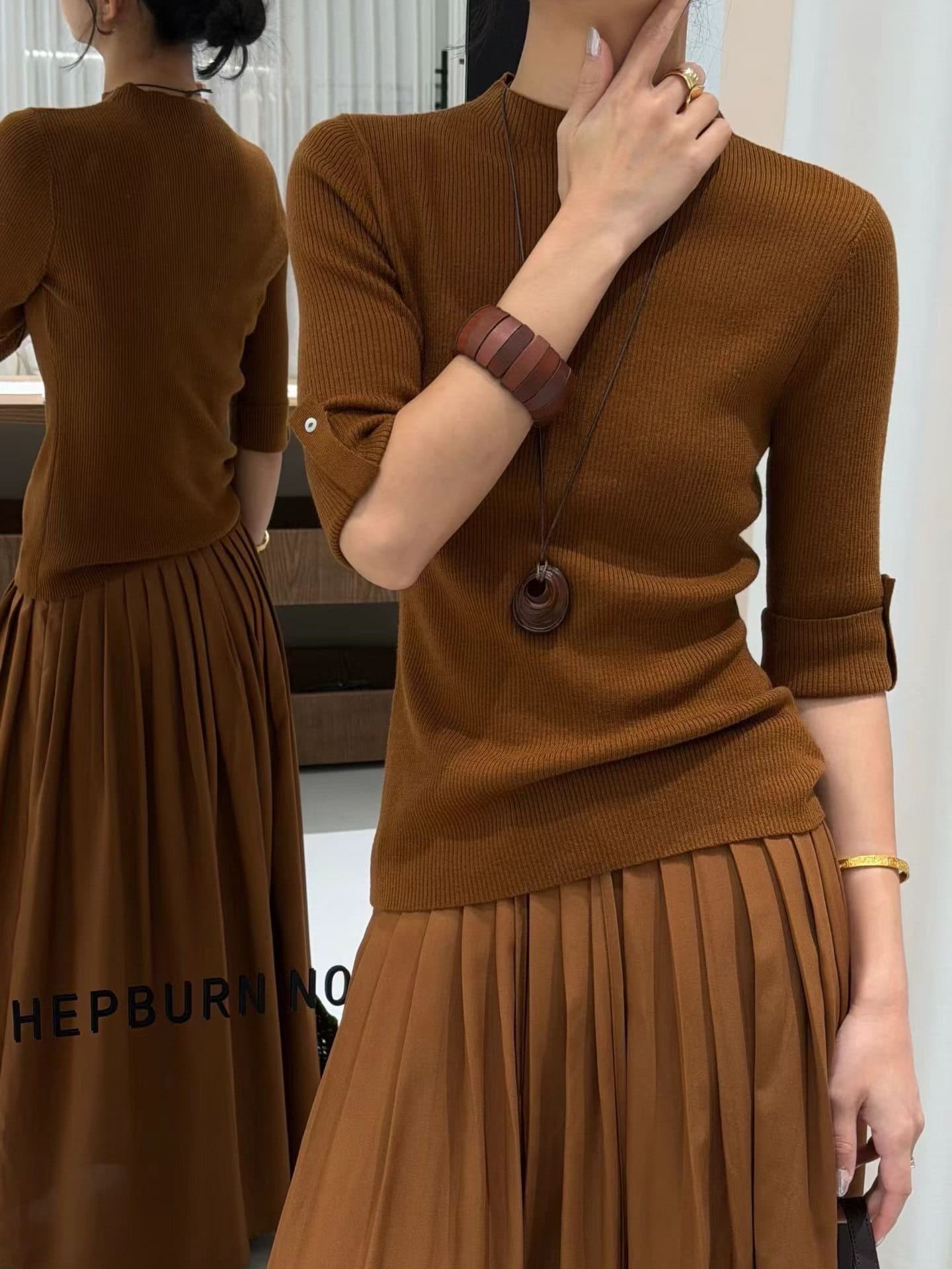 hepburn 그는 벤 반하이넥 5 점 소매 짠 셔츠 여성 가을 프랑스식 신축성 몸매 가꾸기 슬림해 보이는 만나는 맨위