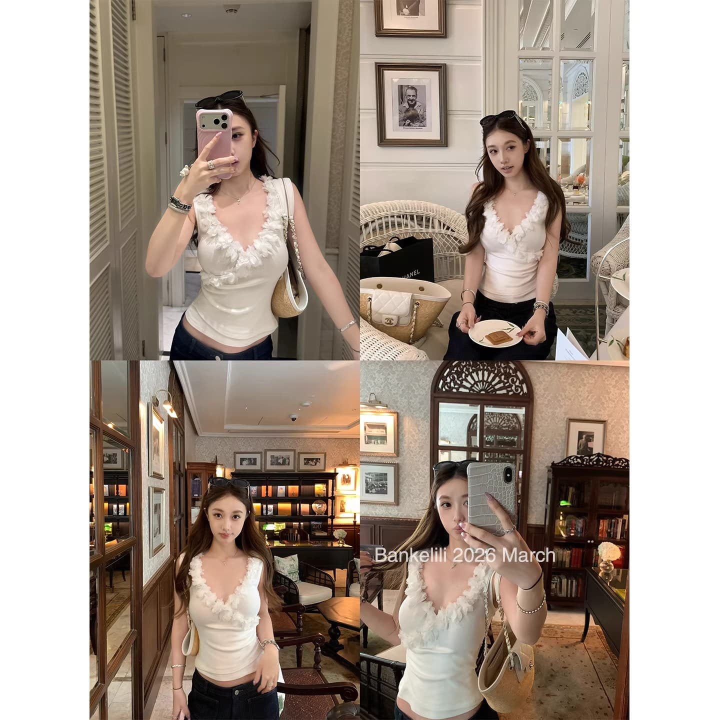 밤나무 코코아 bankelili 달콤한 매운맛 캘리포니아 주 디자인 센스 꽃 십자가 V넥 허리 수신 Pleat 캐미솔 이미지 5