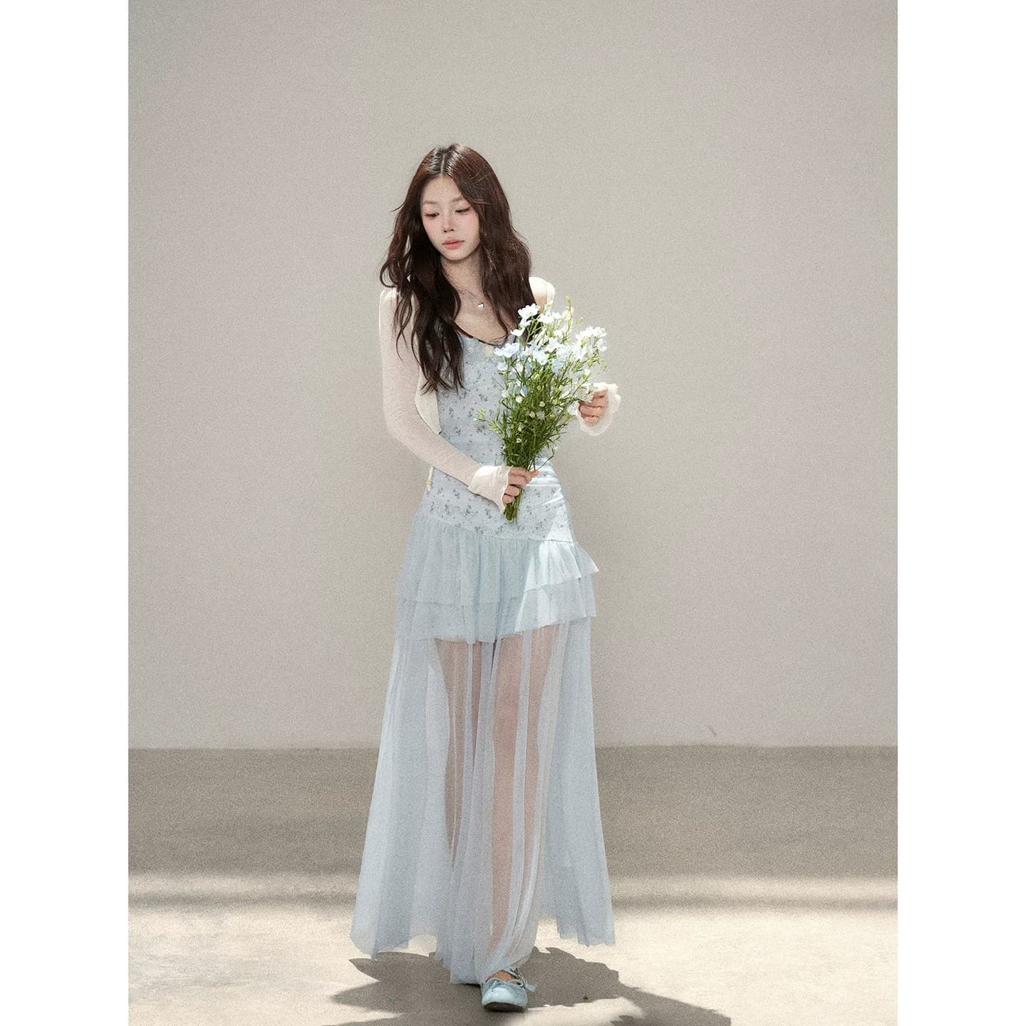 하나 오노 라스베리 파란색 슬립 여성 드레스 여름 새로운 슈퍼 잘 생긴 ~ 중 망사 패치워크 니트 길다 치마 이미지 4