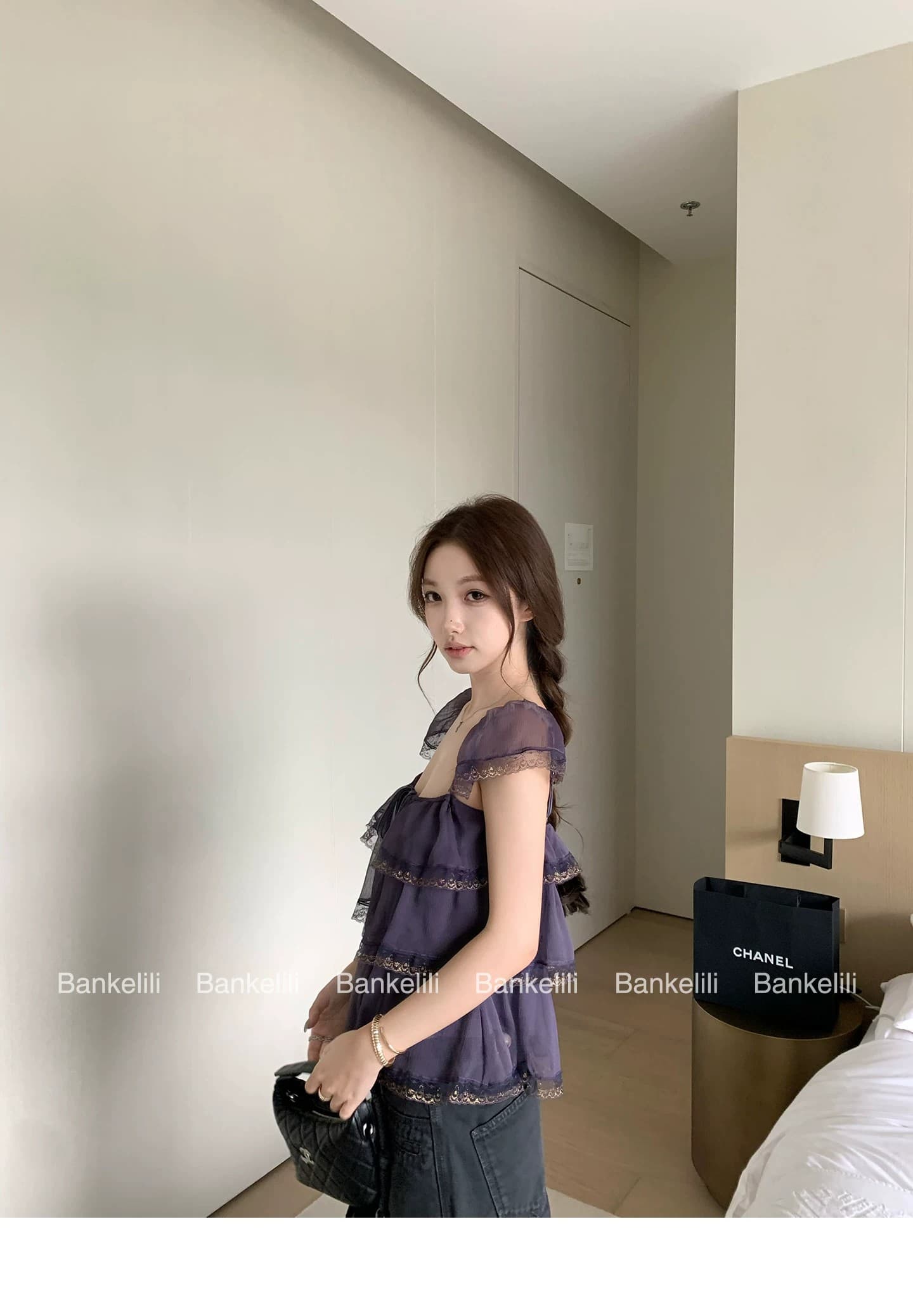 밤나무 코코아 bankelili 팬 바다 리건 프릴 레이스 계층의 감각 작은 날다 소매 광장 칼라 슬립 여성 상세 이미지 33