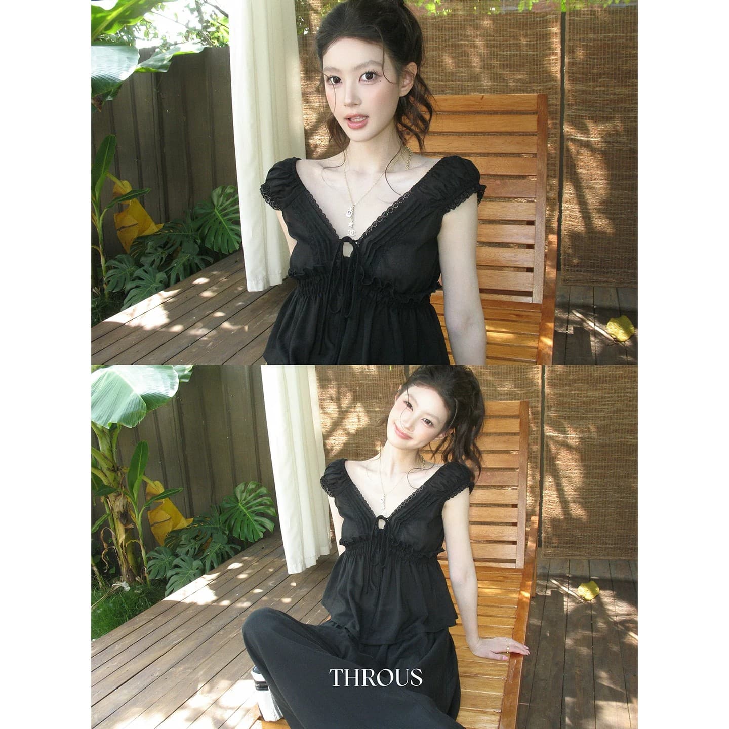 감사합니다. 아니요 고기 V넥 프릴 거품 소매 티셔츠 여성 여름 부드러운 바람 몸매 가꾸기 슬림해 보이는 캐주얼 다용도 맨위 이미지 5