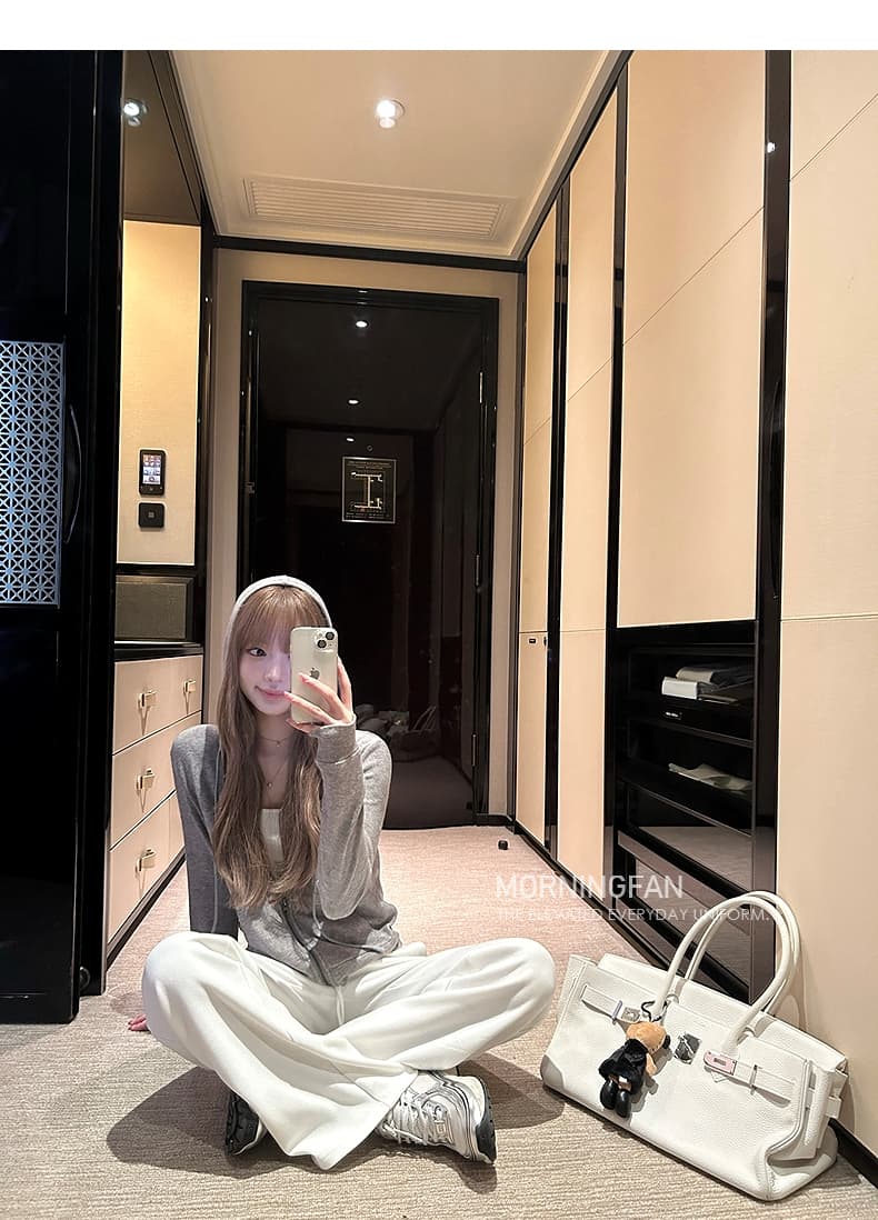 안녕하세요. 팬 팬 넣다 자매 왕 화이트 후드 티 스웨터 지퍼 여성 코트 얇은 스타일 비스듬한 어깨 쇼트 스타일 오픈 가디건 맨위 상세 이미지 8