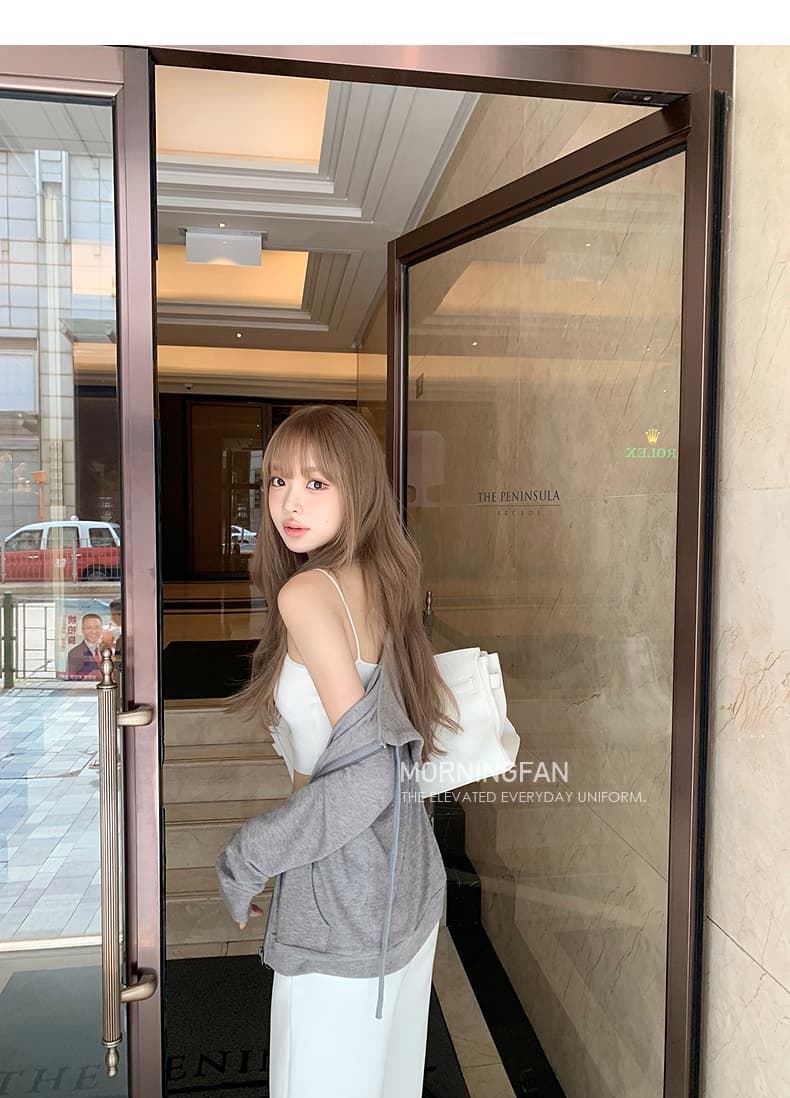 안녕하세요. 팬 팬 넣다 자매 왕 화이트 후드 티 스웨터 지퍼 여성 코트 얇은 스타일 비스듬한 어깨 쇼트 스타일 오픈 가디건 맨위 상세 이미지 9