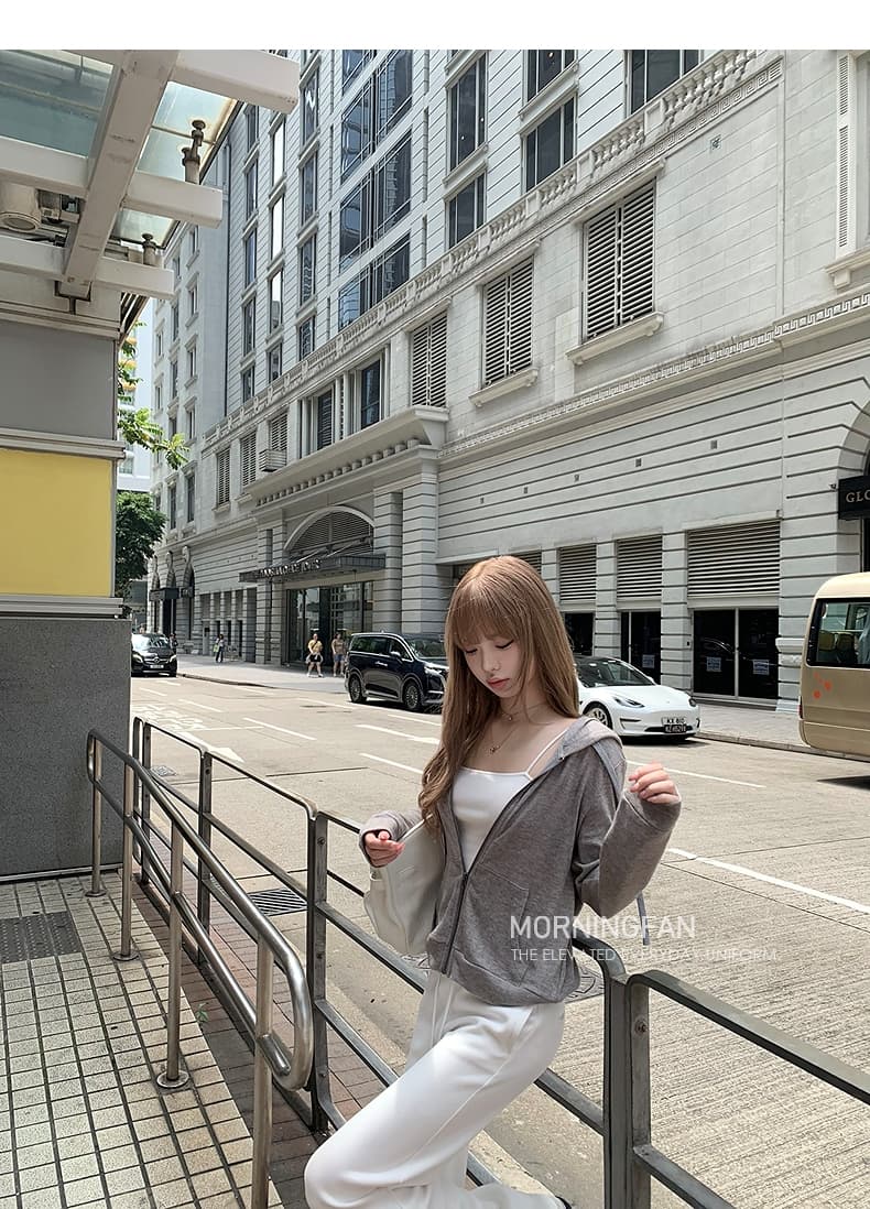 안녕하세요. 팬 팬 넣다 자매 왕 화이트 후드 티 스웨터 지퍼 여성 코트 얇은 스타일 비스듬한 어깨 쇼트 스타일 오픈 가디건 맨위 상세 이미지 10