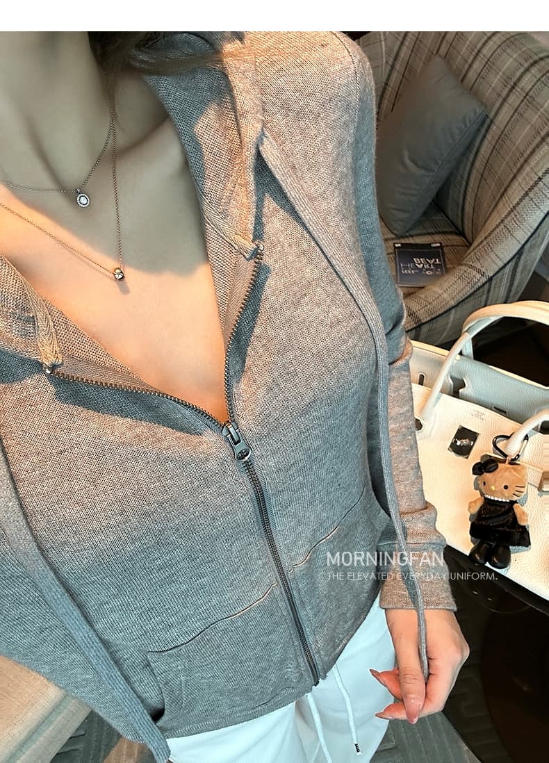 안녕하세요. 팬 팬 넣다 자매 왕 화이트 후드 티 스웨터 지퍼 여성 코트 얇은 스타일 비스듬한 어깨 쇼트 스타일 오픈 가디건 맨위 상세 이미지 24