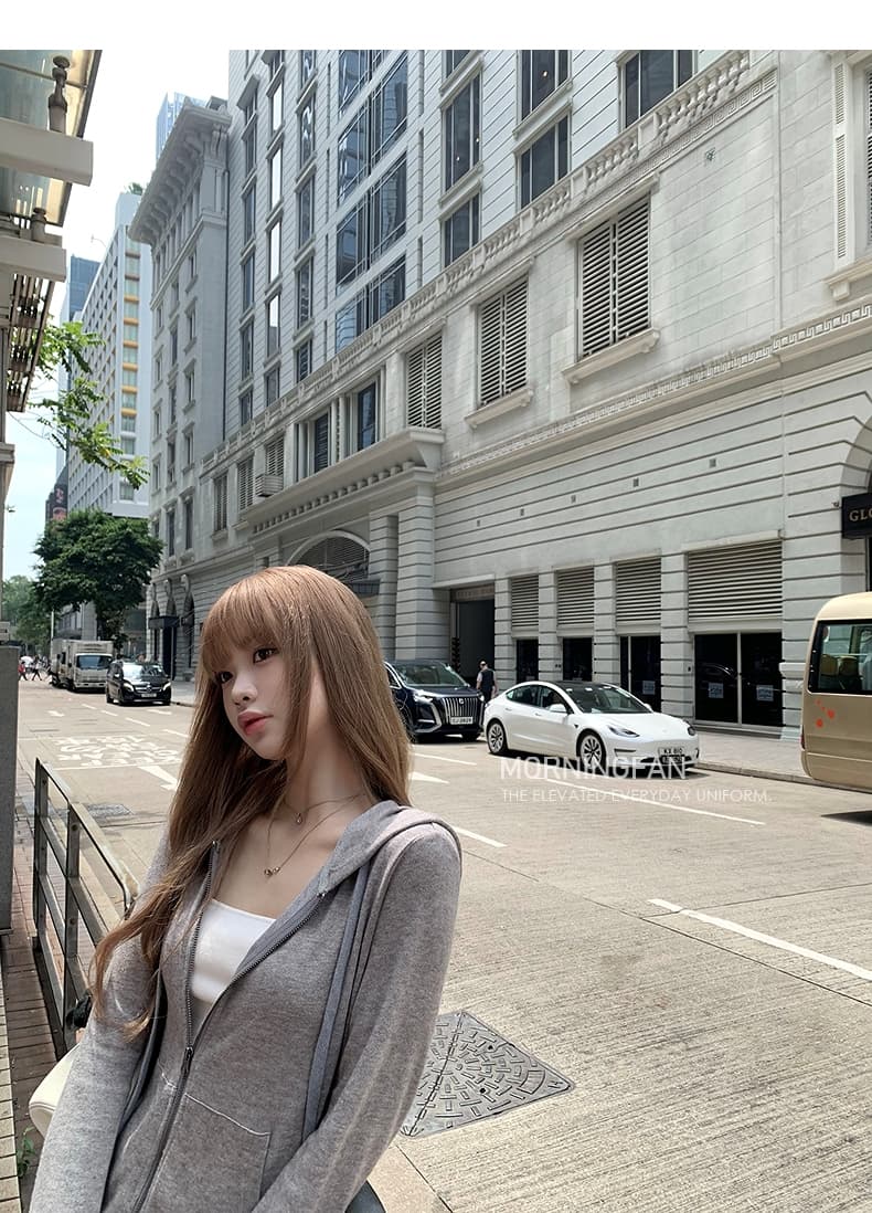 안녕하세요. 팬 팬 넣다 자매 왕 화이트 후드 티 스웨터 지퍼 여성 코트 얇은 스타일 비스듬한 어깨 쇼트 스타일 오픈 가디건 맨위 상세 이미지 26