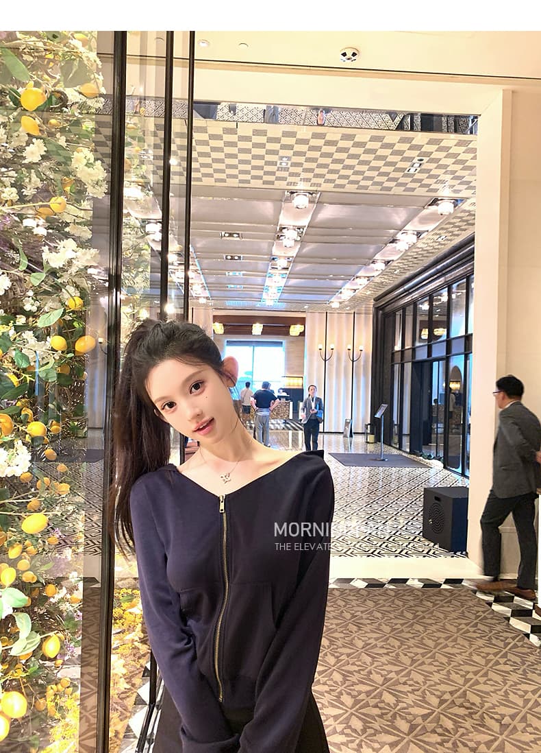 안녕하세요. 팬 팬 넣다 자매 왕 화이트 후드 티 스웨터 지퍼 여성 코트 얇은 스타일 비스듬한 어깨 쇼트 스타일 오픈 가디건 맨위 상세 이미지 49