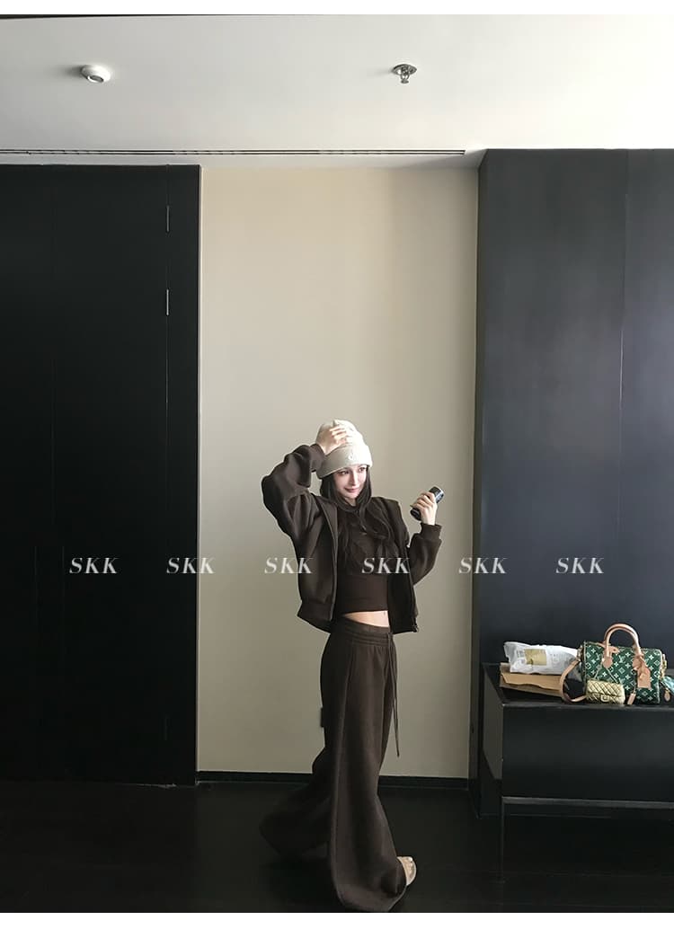 skk store 장기 느슨함 지배 아세트산 주간 실크 양모 털이 있는 당겨서 털 후드 티 스웨터 웨이 바지 세트 상세 이미지 8