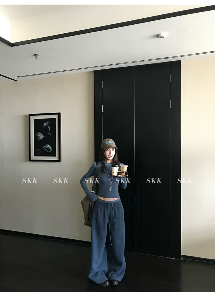 skk store 장기 느슨함 지배 아세트산 주간 실크 양모 털이 있는 당겨서 털 후드 티 스웨터 웨이 바지 세트 상세 이미지 10