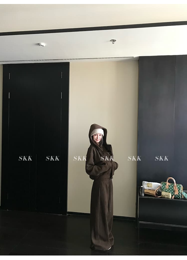 skk store 장기 느슨함 지배 아세트산 주간 실크 양모 털이 있는 당겨서 털 후드 티 스웨터 웨이 바지 세트 상세 이미지 80