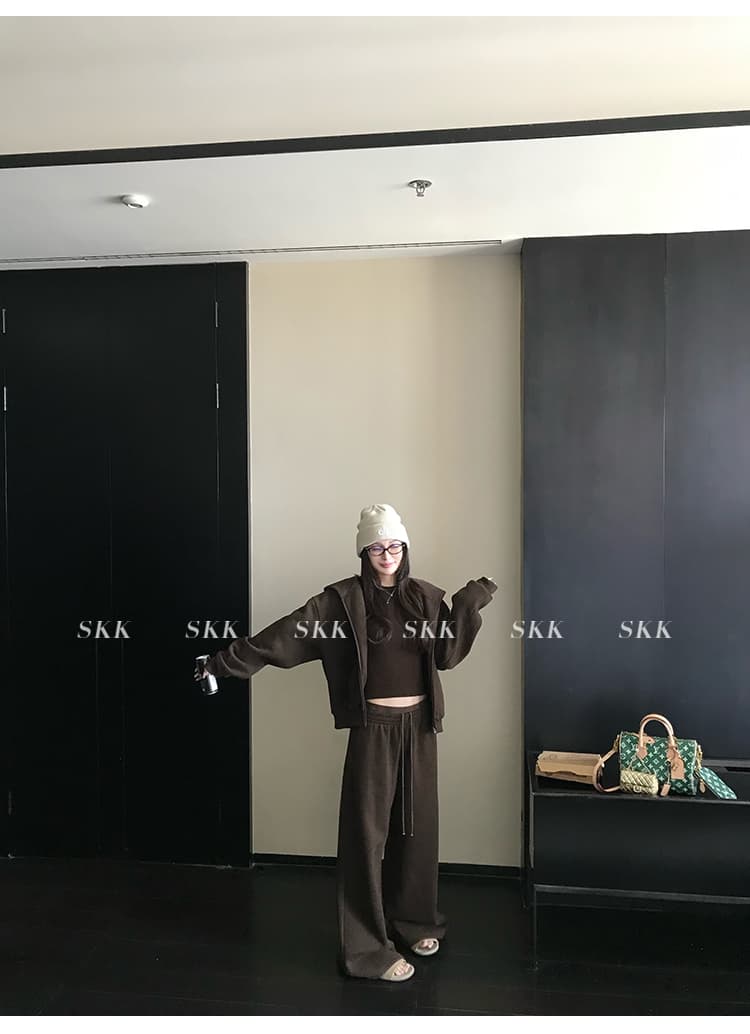 skk store 장기 느슨함 지배 아세트산 주간 실크 양모 털이 있는 당겨서 털 후드 티 스웨터 웨이 바지 세트 상세 이미지 94