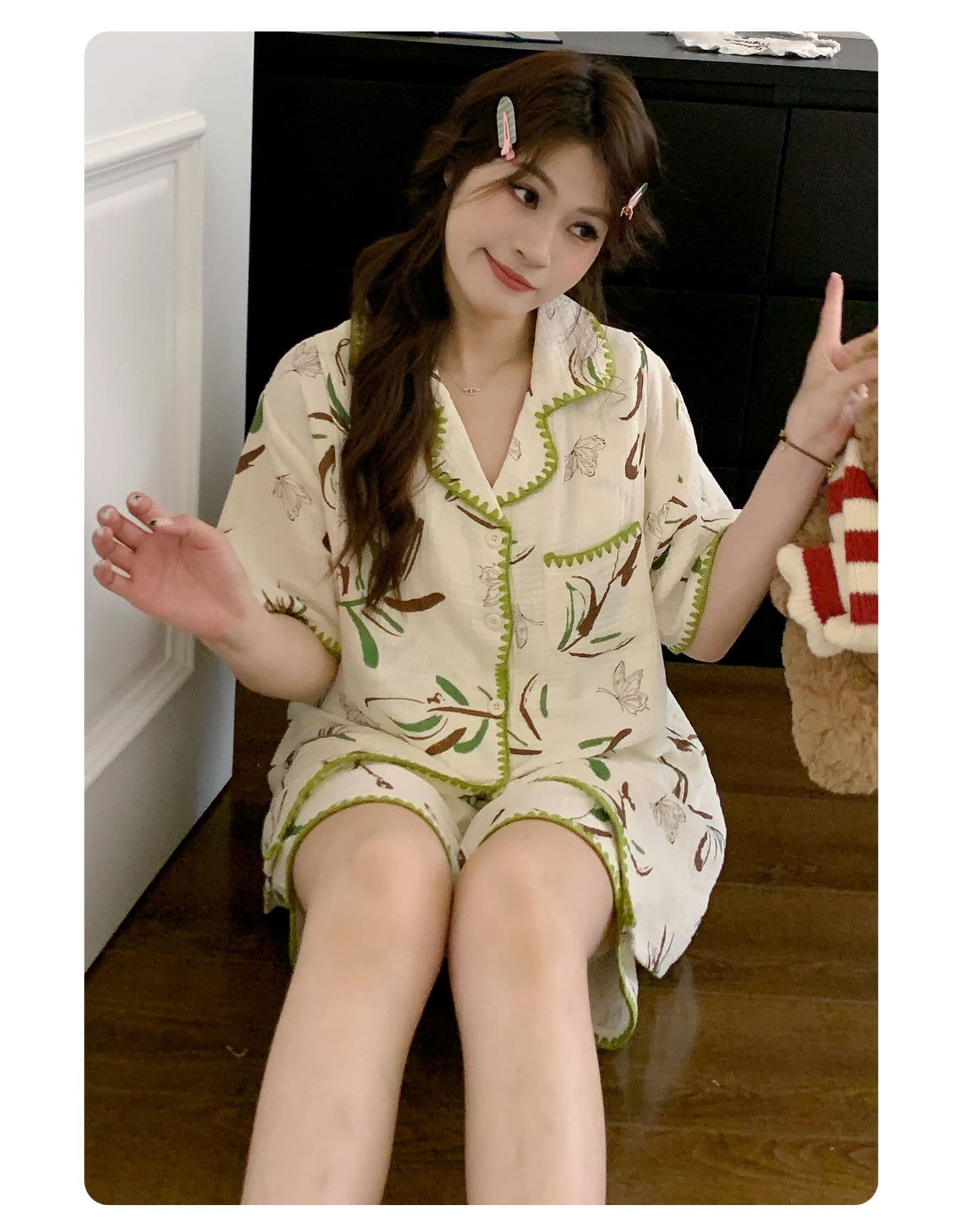 2026a 클래스 탈착식 가슴 패드 순면 거즈 여름 반팔 달 서비스 이중층 주름 천 임산부 잠옷 수유 상세 이미지 3