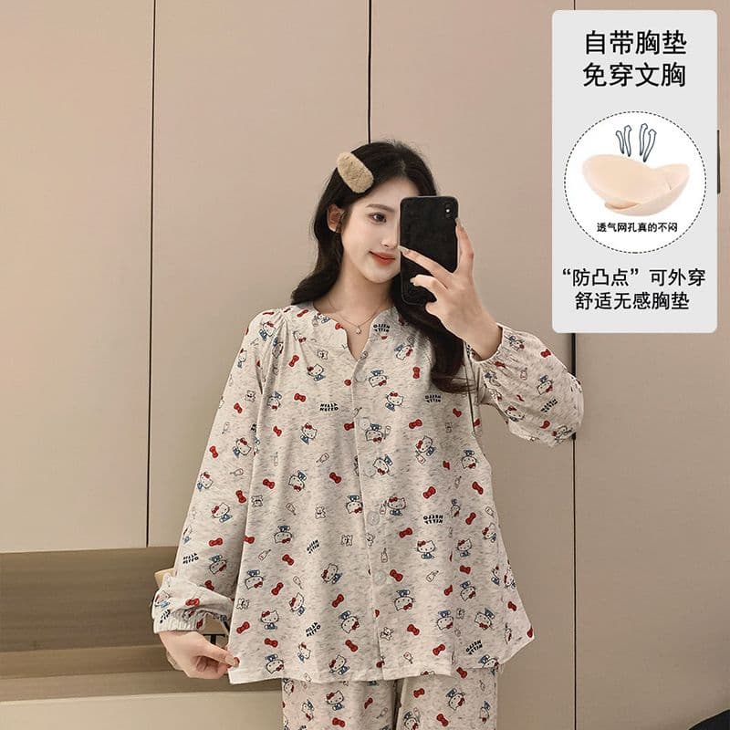 고정 가슴 패드 봄 여름 가을 얼음 도자기 면 수유 임산부 잠옷 待产 먹이주기 잠옷 세트 이미지 2