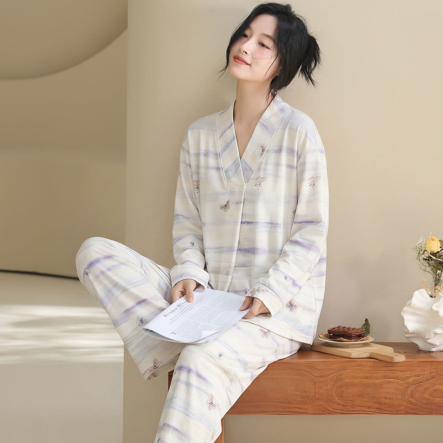 100 순면 임산부 달 서비스 사계절 웨어러블 출산 후 감금 수유 먹이주기 벨트 가슴 패드 잠옷 투피스 세트 이미지 2