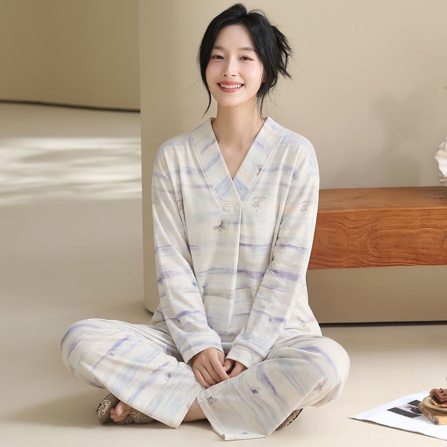 100 순면 임산부 달 서비스 사계절 웨어러블 출산 후 감금 수유 먹이주기 벨트 가슴 패드 잠옷 투피스 세트 이미지 4