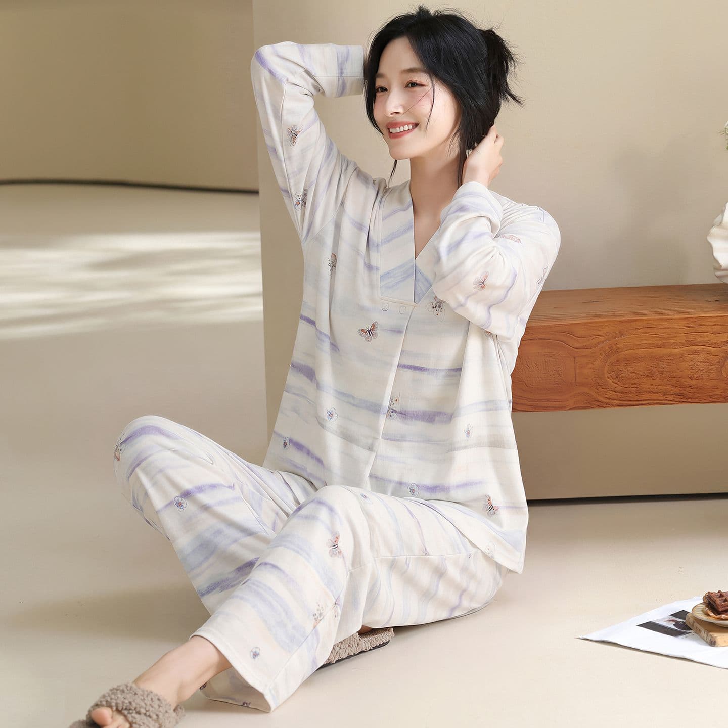 100 순면 임산부 달 서비스 사계절 웨어러블 출산 후 감금 수유 먹이주기 벨트 가슴 패드 잠옷 투피스 세트 이미지 3