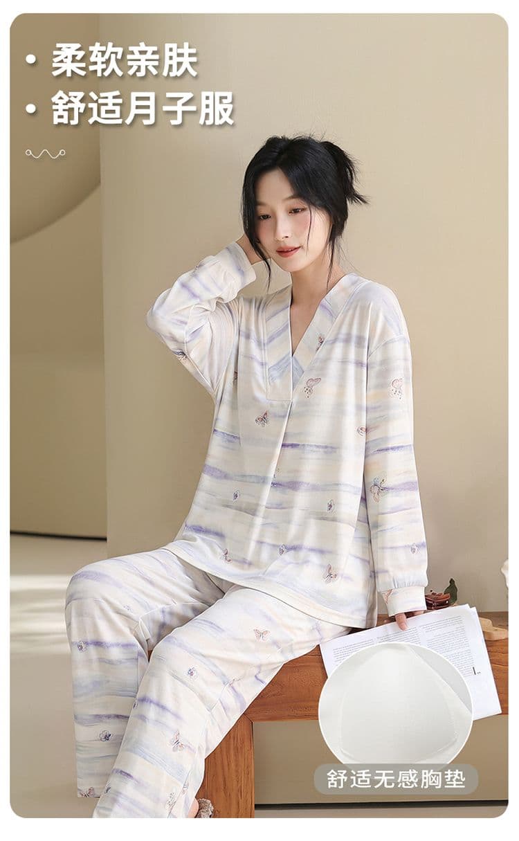 100 순면 임산부 달 서비스 사계절 웨어러블 출산 후 감금 수유 먹이주기 벨트 가슴 패드 잠옷 투피스 세트 상세 이미지 1