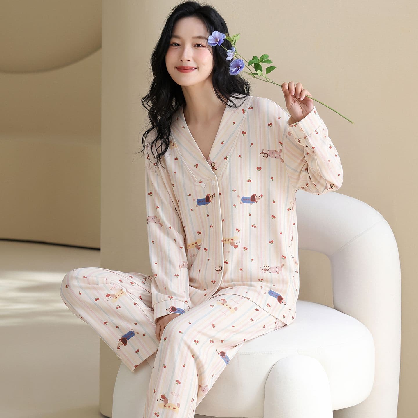 100 순면 임산부 달 서비스 사계절 웨어러블 출산 후 감금 수유 먹이주기 벨트 가슴 패드 잠옷 투피스 세트 이미지 2