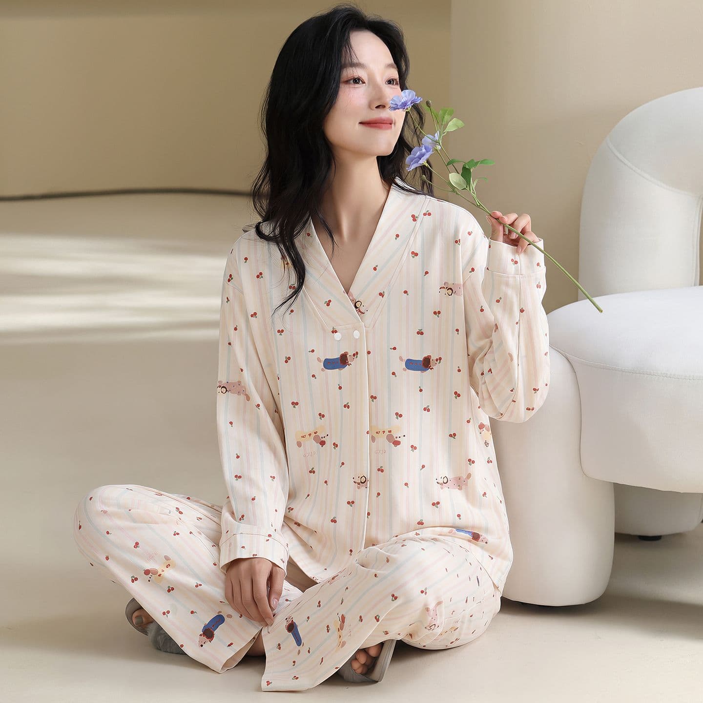 100 순면 임산부 달 서비스 사계절 웨어러블 출산 후 감금 수유 먹이주기 벨트 가슴 패드 잠옷 투피스 세트 이미지 4