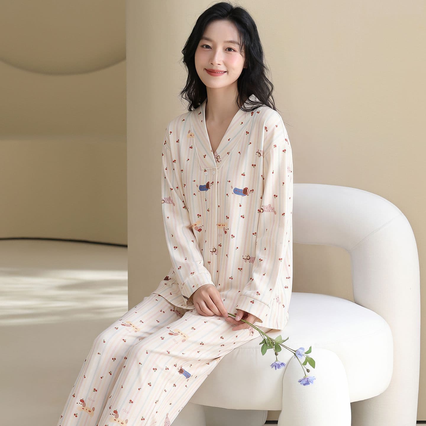 100 순면 임산부 달 서비스 사계절 웨어러블 출산 후 감금 수유 먹이주기 벨트 가슴 패드 잠옷 투피스 세트 이미지 3