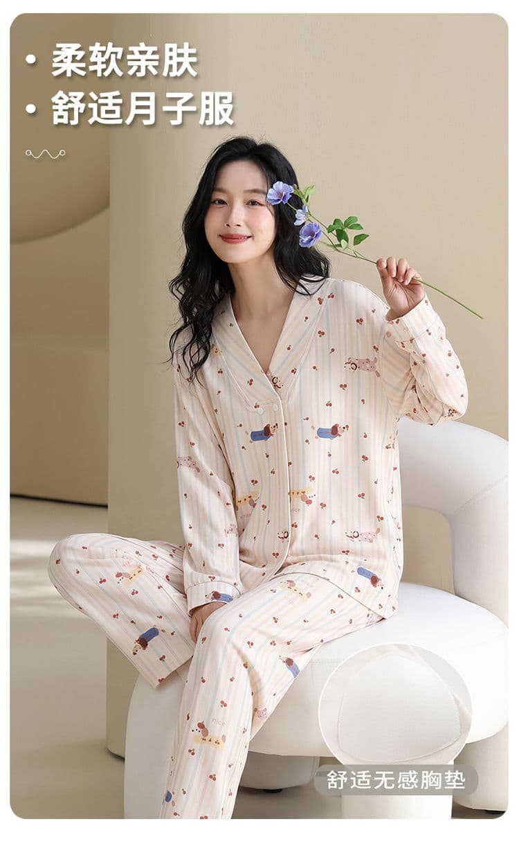 100 순면 임산부 달 서비스 사계절 웨어러블 출산 후 감금 수유 먹이주기 벨트 가슴 패드 잠옷 투피스 세트 상세 이미지 1