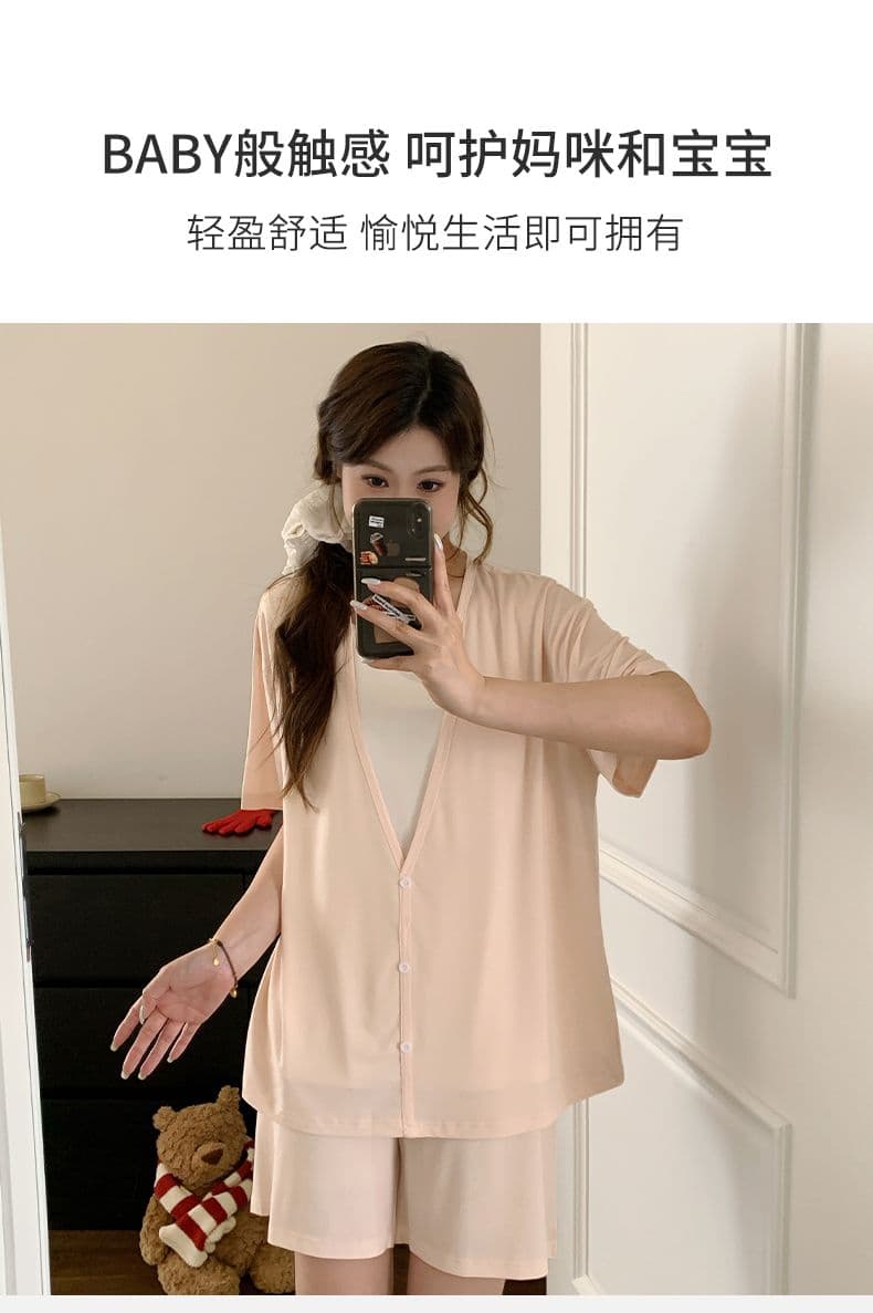 임산부 잠옷 여성 여름 a 클래스 모달 벨트 가슴 패드 단색 待产 달 더블 짧은 달 세트 0 상세 이미지 7