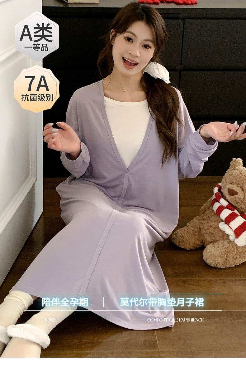 임산부 잠옷 여름 a 클래스 모달 프로 피부 차가운 센스 벨트 가슴 패드 待产 수유 긴팔 달 치마 바지 세트 상세 이미지 1
