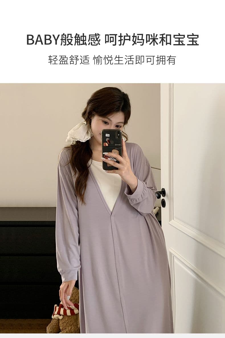 임산부 잠옷 여름 a 클래스 모달 프로 피부 차가운 센스 벨트 가슴 패드 待产 수유 긴팔 달 치마 바지 세트 상세 이미지 7