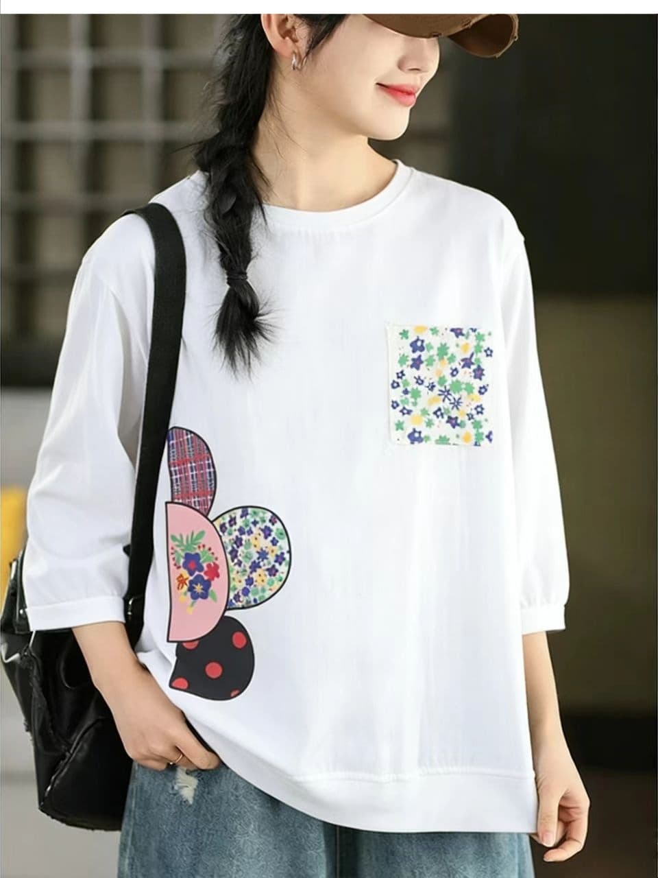 2026 7부 소매 새로운 패션 다용도 레트로 캐주얼 프린트 문예 여성 의류 티셔츠 상세 이미지 9
