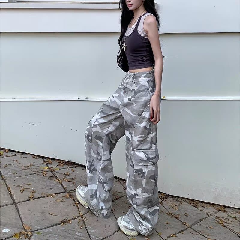 아메리칸 레트로 높음 거리 회색 카모플라주 바지 워크웨어 팬츠 남녀 조수 브랜드 루즈핏 다용도 스트레이트 넓은 다리 모통이 칼 바지 이미지 2