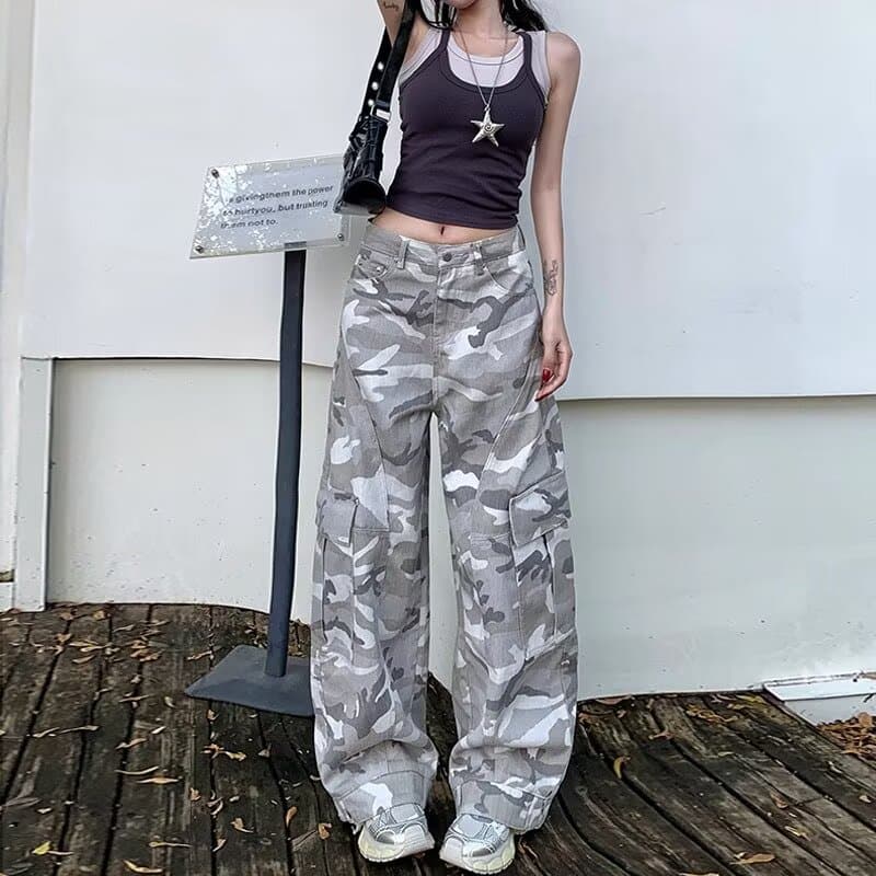 아메리칸 레트로 높음 거리 회색 카모플라주 바지 워크웨어 팬츠 남녀 조수 브랜드 루즈핏 다용도 스트레이트 넓은 다리 모통이 칼 바지 이미지 3