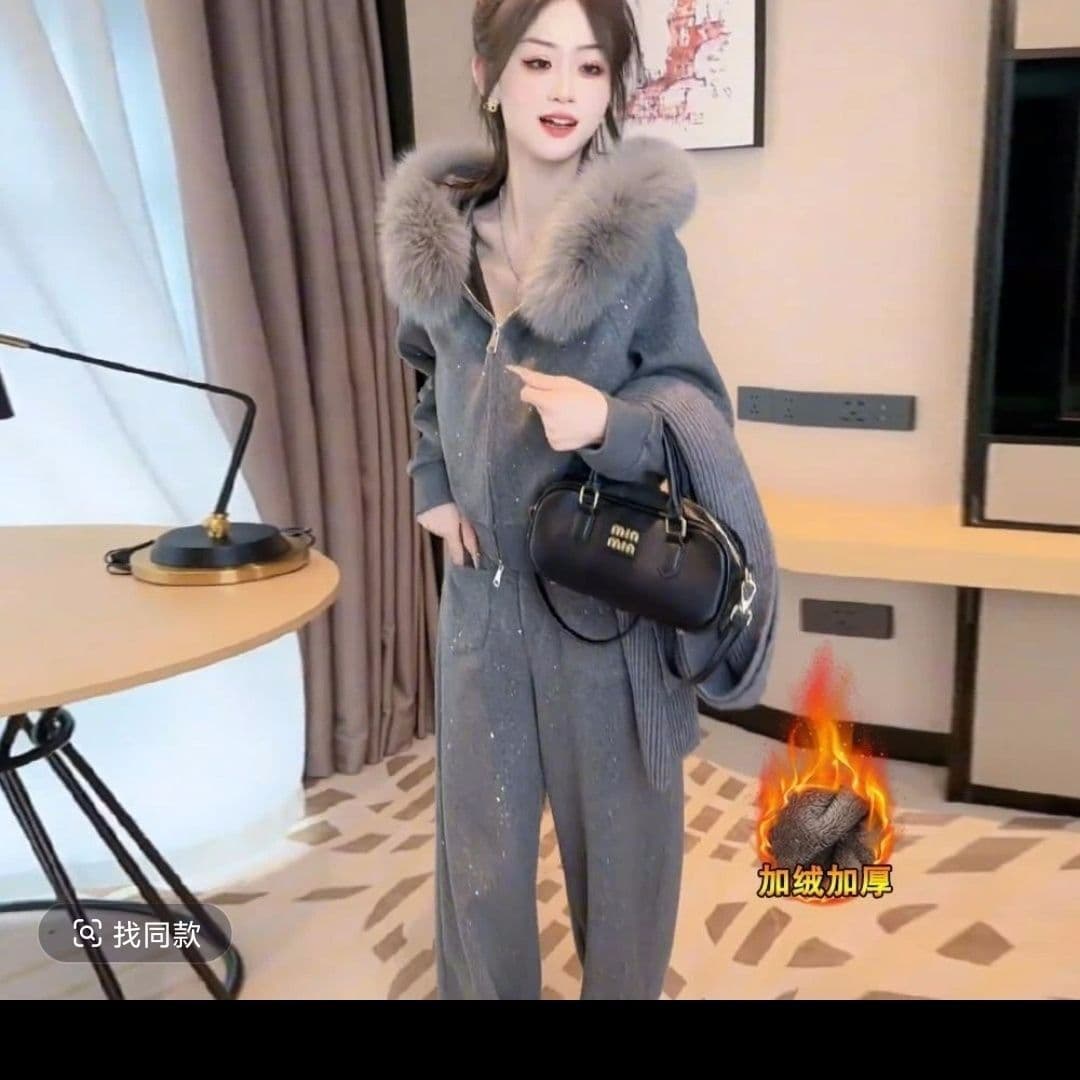 패션 외국 가스 캐주얼 털이 있는 세트 새로운 스팽글 겨울 후드 재킷 와이드 레그 팬츠 투피스 세트 이미지 3