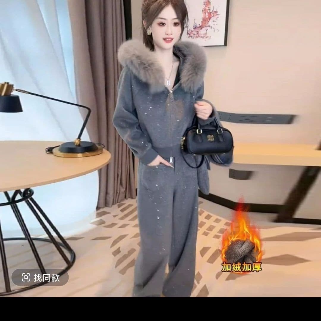 패션 외국 가스 캐주얼 털이 있는 세트 새로운 스팽글 겨울 후드 재킷 와이드 레그 팬츠 투피스 세트 이미지 2