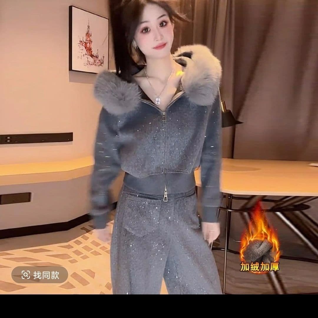 패션 외국 가스 캐주얼 털이 있는 세트 새로운 스팽글 겨울 후드 재킷 와이드 레그 팬츠 투피스 세트 이미지 4