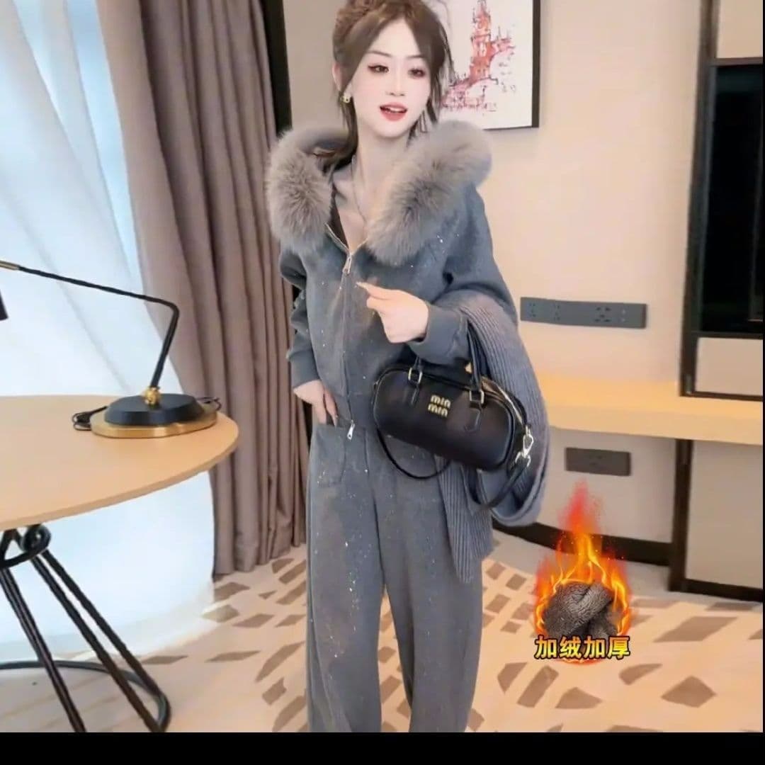 패션 외국 가스 캐주얼 털이 있는 세트 새로운 스팽글 겨울 후드 재킷 와이드 레그 팬츠 투피스 세트 이미지 5
