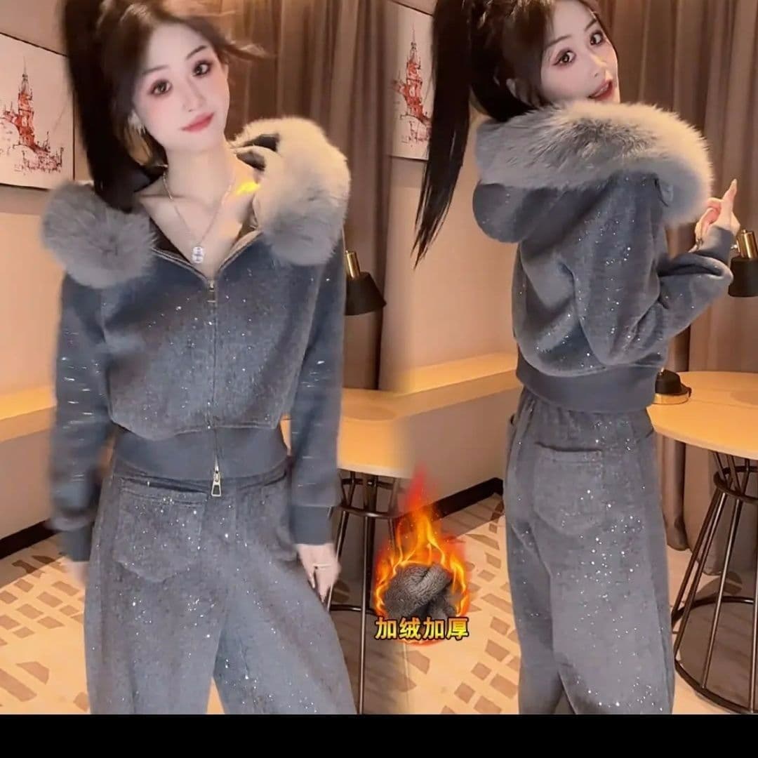 패션 외국 가스 캐주얼 털이 있는 세트 새로운 스팽글 겨울 후드 재킷 와이드 레그 팬츠 투피스 세트 상세 이미지 1