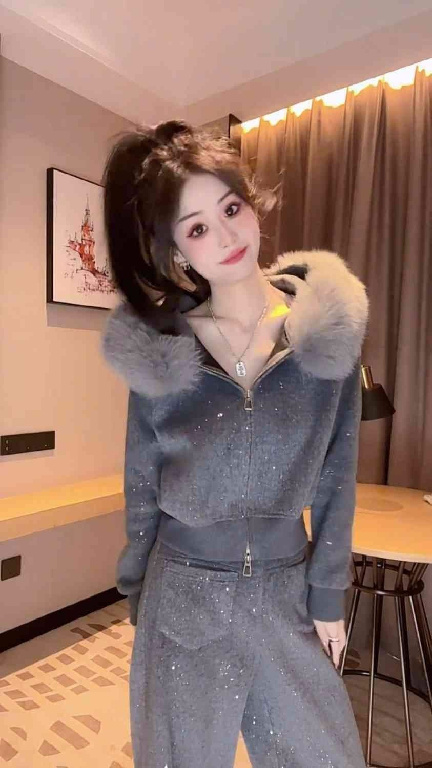 패션 외국 가스 캐주얼 털이 있는 세트 새로운 스팽글 겨울 후드 재킷 와이드 레그 팬츠 투피스 세트 상세 이미지 3