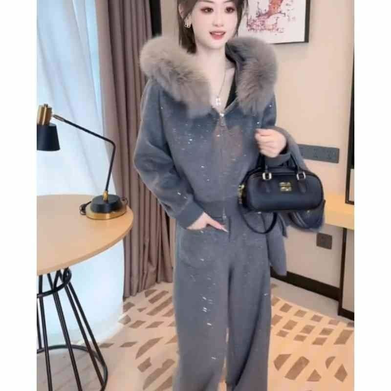 패션 외국 가스 캐주얼 털이 있는 세트 새로운 스팽글 겨울 후드 재킷 와이드 레그 팬츠 투피스 세트 상세 이미지 5