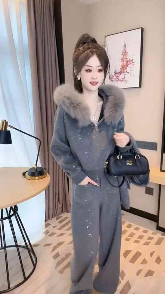 패션 외국 가스 캐주얼 털이 있는 세트 새로운 스팽글 겨울 후드 재킷 와이드 레그 팬츠 투피스 세트 상세 이미지 7