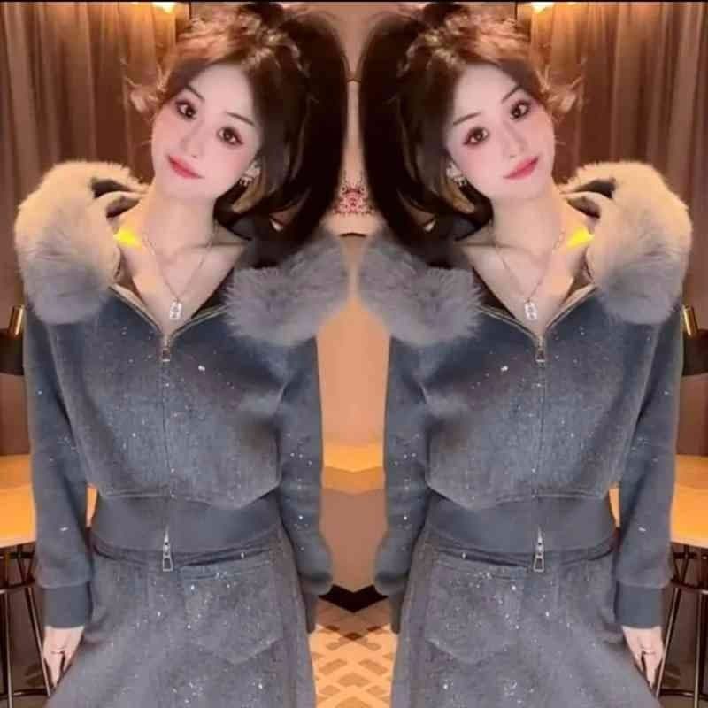 패션 외국 가스 캐주얼 털이 있는 세트 새로운 스팽글 겨울 후드 재킷 와이드 레그 팬츠 투피스 세트 상세 이미지 10